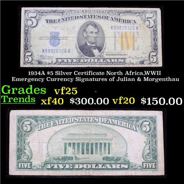 1934A $5 Silver Certificate North Africa,WWII Emergency Currency Signatures of Julian & Morgenthau
