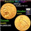 Image 1 : ***Auction Highlight*** 1913-p Gold Indian Quarter Eagle $2 1/2 Graded Select Unc By USCG (fc)