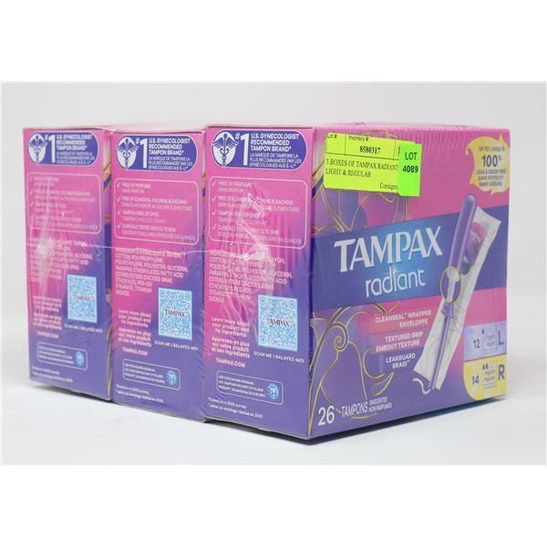 3 BOXES OF TAMPAX RADIANT LIGHT & REGULAR