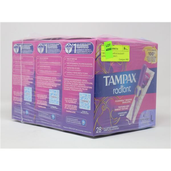 3 BOXES OF TAMPAX RADIANT LIGHT ABSORBENCY