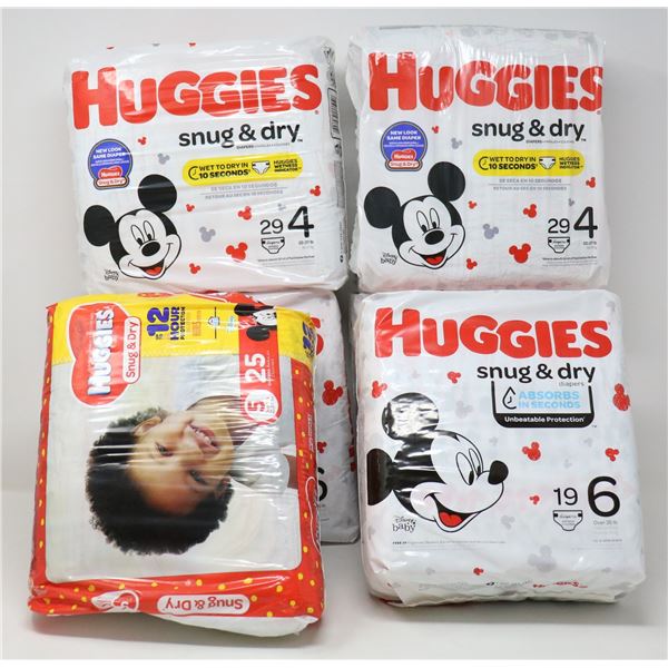 BOX LOT OF HUGGIES DIAPERS ASSORTED SIZES
