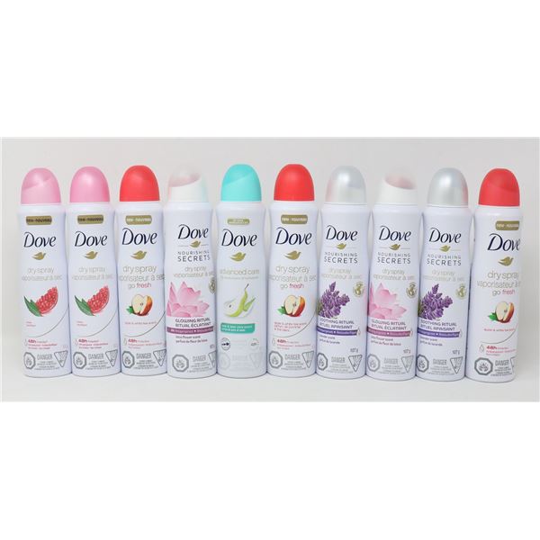 10 CANS OF ASSORTED DOVE DRY SPRAY DEODORANT