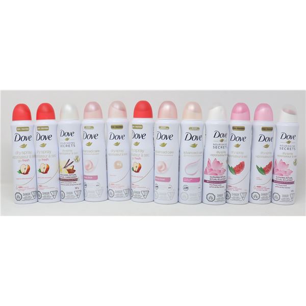 12 CANS OF ASSORTED DOVE DRY SPRAY DEODORANT