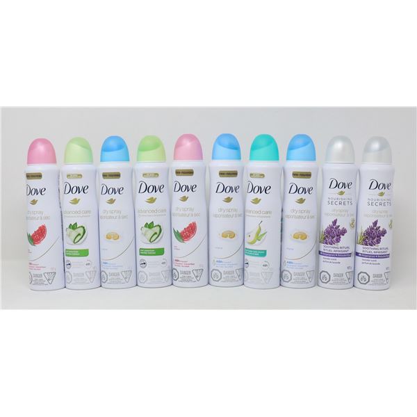 10 CANS OF ASSORTED DOVE DRY SPRAY DEODORANT