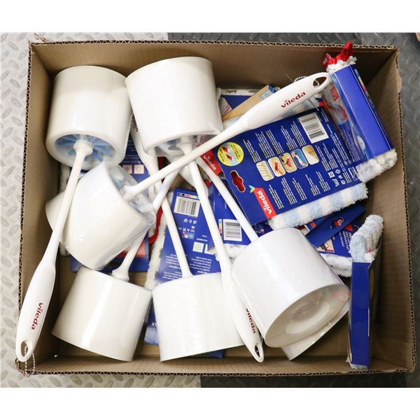 BOX LOT OF MOP HEADS & TOILET BRUSHES