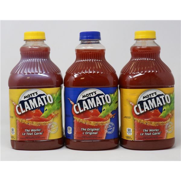 3 BOTTLES OF MOTTS CLAMATO JUICE