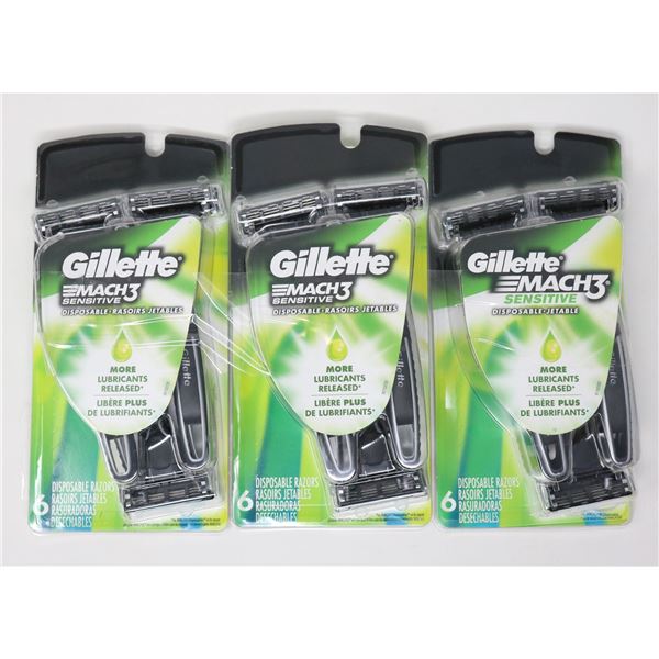 THREE 6-PACKS OF GILLETTE DISPOSABLE RAZORS