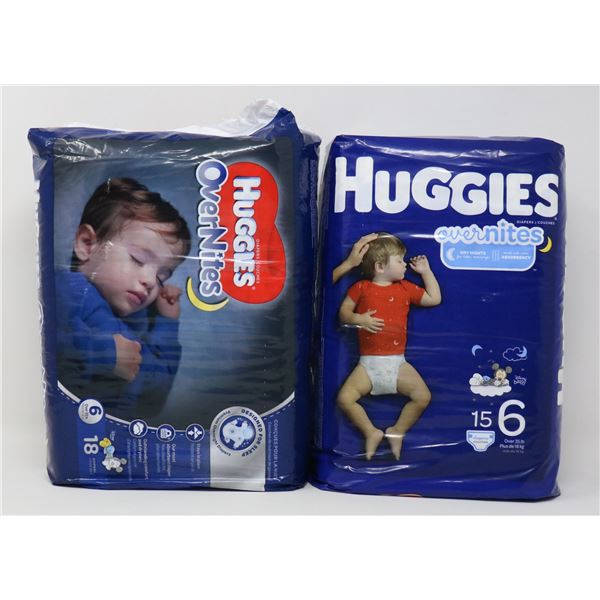 2 PACKS OF HUGGIES OVERNIGHT DIAPERS SZ 6