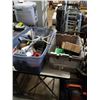 Image 1 : 2 TOTES OF HEDGE TRIMMER, SIDE MIRROS TOOLS, CONVEYER ROLLERS AND MORE
