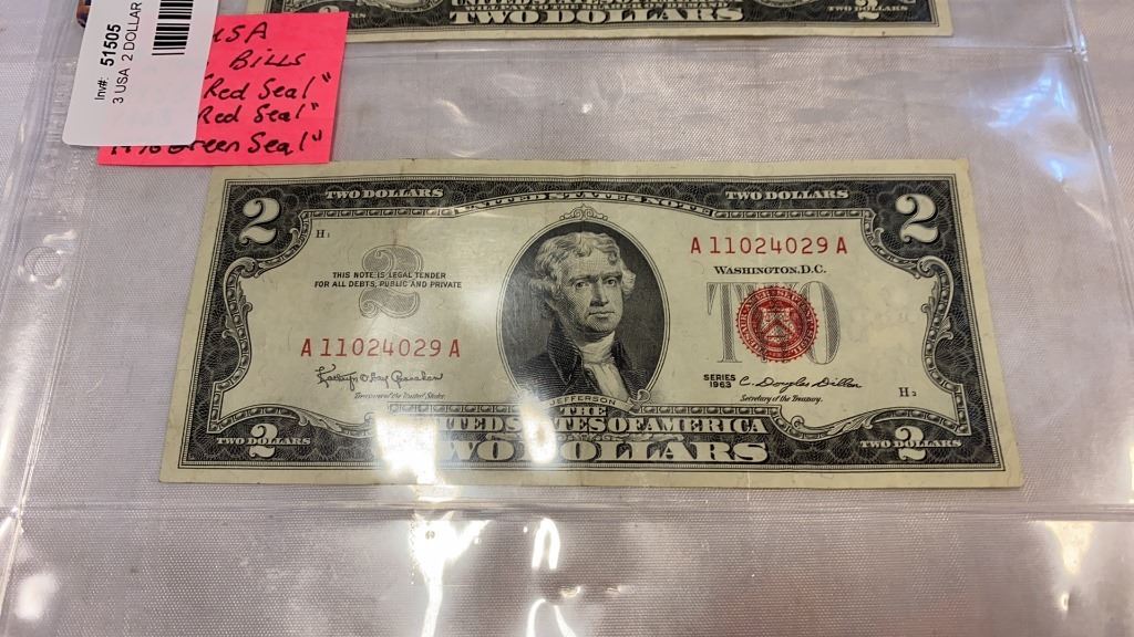 3 USA 2 DOLLAR BILLS 1953 RED SEAL, 1963 RED SEAL, 1976 GREEN ...