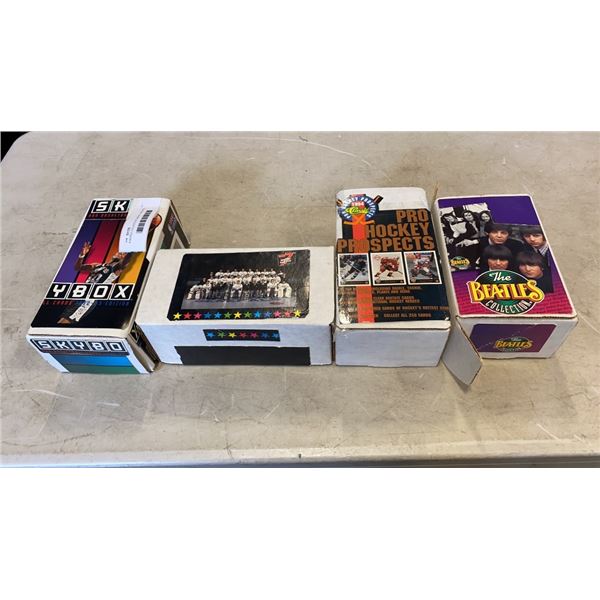 4 BOXES COLLECTOR CARDS - SPORTS, BASKETBALL, HOCKEY, BEATLES, BEETLEJUICE, ETC