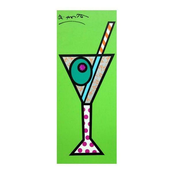 Romero Britto "Green Martini" Hand Signed Limited Edition Giclee on Canvas; Authenticated