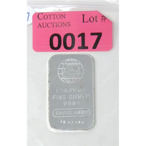 1 Oz. .999+ Fine Silver Engelhard Mint Bar