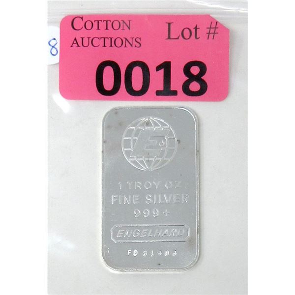 1 Oz. .999+ Fine Silver Engelhard Mint Bar