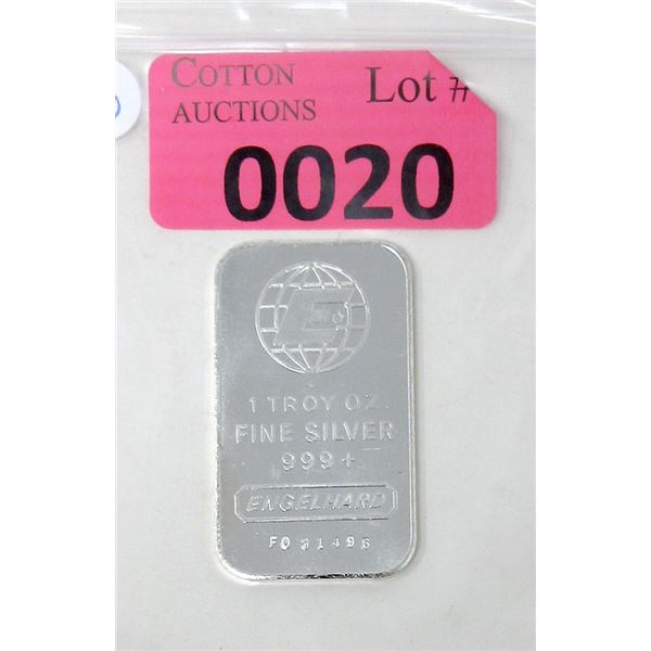 1 Oz. .999+ Fine Silver Engelhard Mint Bar