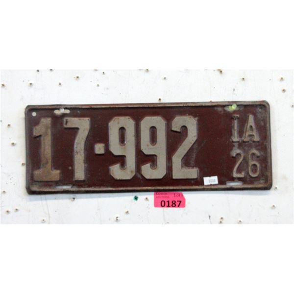 Rare 1926 Iowa  License Plate - Single Plate