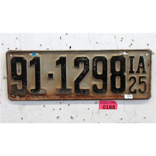 Rare 1925 Iowa  License Plate - Single Plate