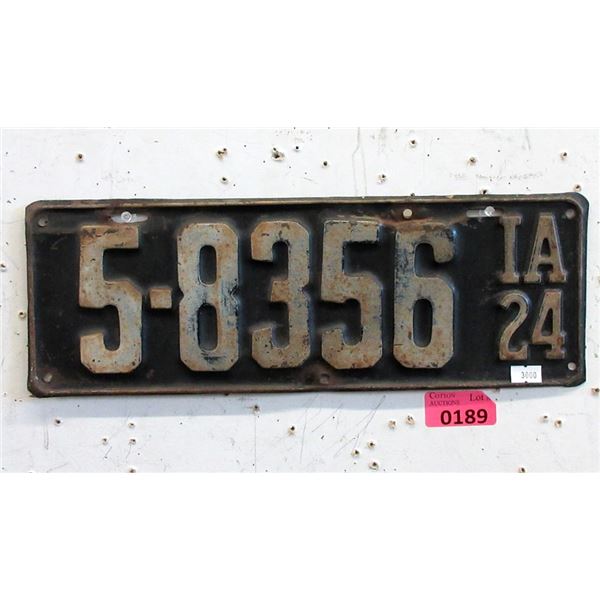 Rare 1924 Iowa  License Plate - Single Plate