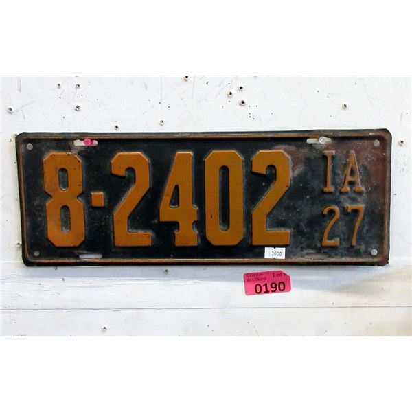 Rare 1927 Iowa License Plate - Single Plate