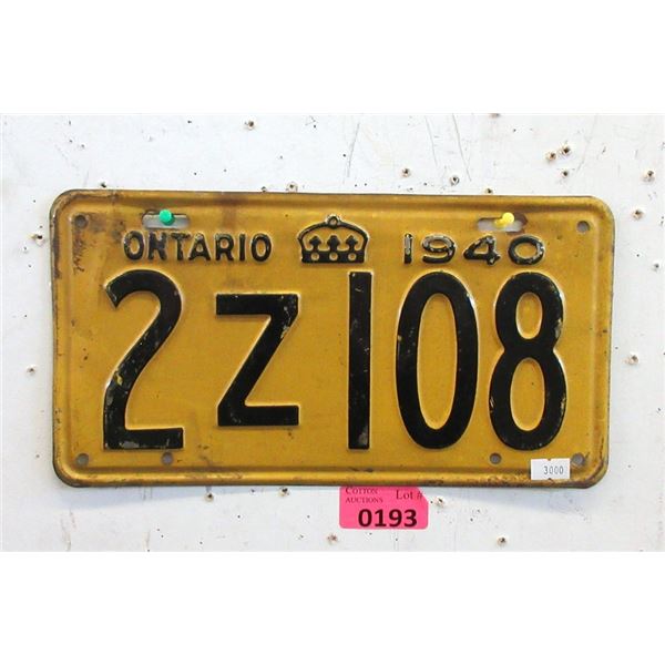 Rare 1940 Ontario License Plate - Single Plate