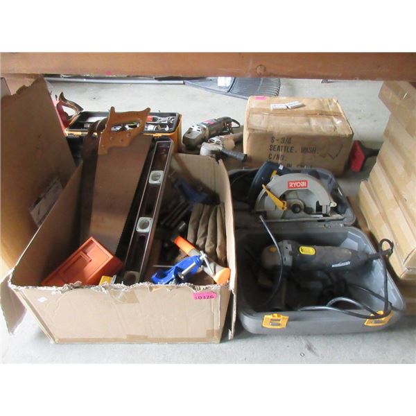 Large Box of Hand Tools & 2 Ryobi Electric Tools