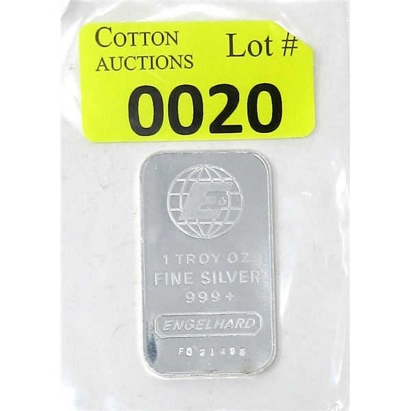 1 Oz. .999+ Fine Silver Engelhard Bar