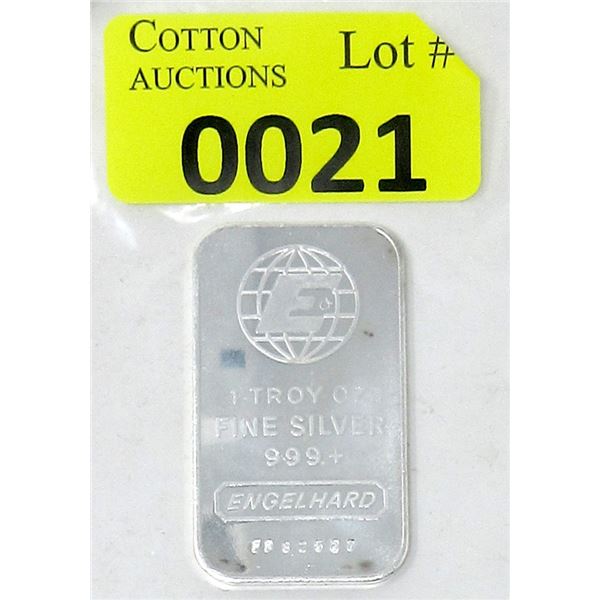 1 Oz. .999+ Fine Silver Engelhard Bar