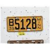 Image 1 : Rare 1939 Minnesota License Plate - Single Plate