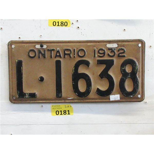 Rare 1932 Ontario License Plate - Single Plate