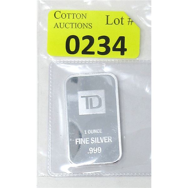 1 Oz. TD Bank .999 Silver Investor Bar