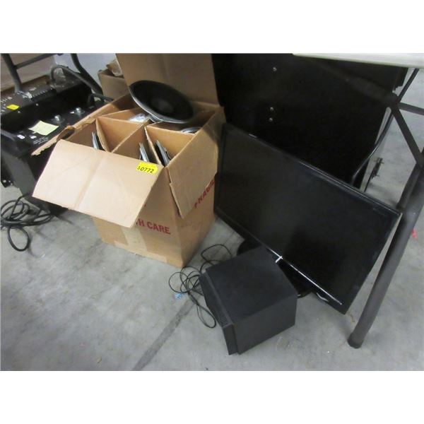 Monitor, Small Speaker & Box of Small Speakers