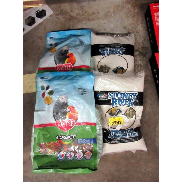 2 Bags of Aquarium Sand & 2 Bags of Parrot Food