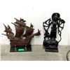 Image 1 : Vintage Cast Metal Ship & Asian Deity Sculpture