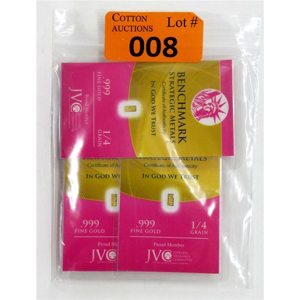 Three 1/4 Grain .999 Gold Certified Bars