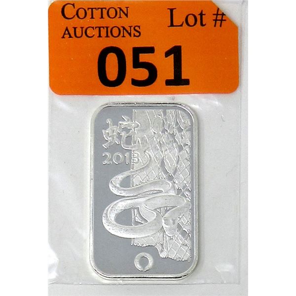 1 Oz. .999 Fine Silver "2013 Year of the Snake" Bar