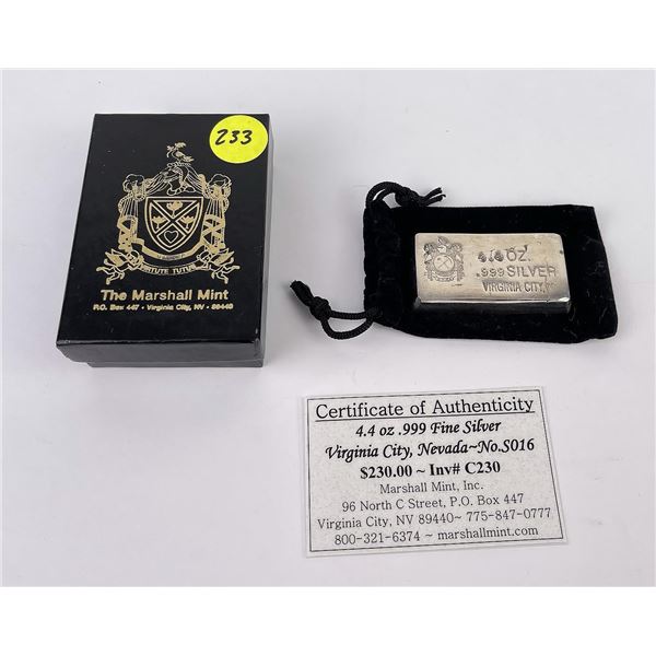 Marshall Mint Virginia City Nevada Silver Bar