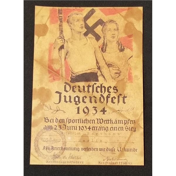 WW2 WWII Nazi German Third Reich HJ Hitler Youth Award Document 1934