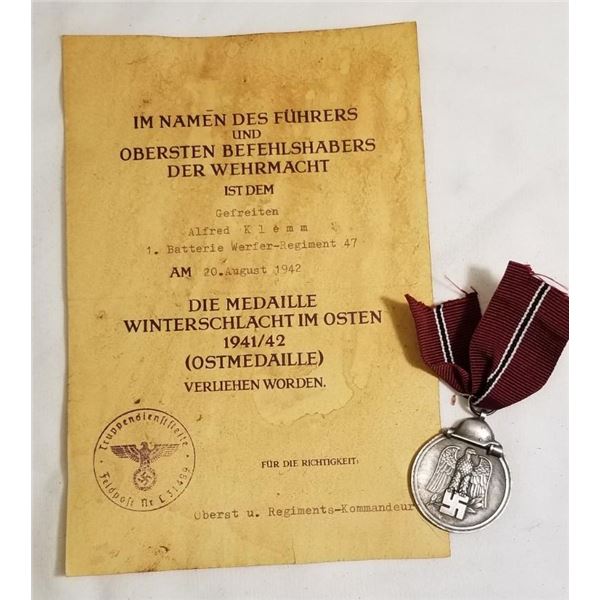 WW2 WWII Nazi German Russian Front Third Reich Medal award w document