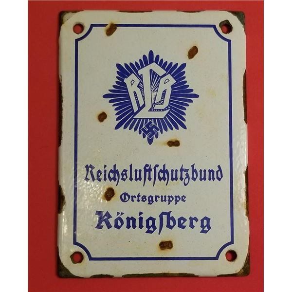 WW2 WWII Nazi German RLB Luftschutz enamel Third Reich sign Konigsberg