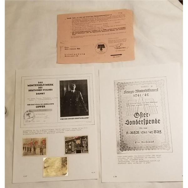 WW2 WWII Nazi German Third Reich SS SA WHW Winter Help paper documents lot