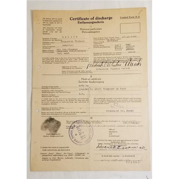 WW2 WWII US - Captured wounded German soldiers discharge paper