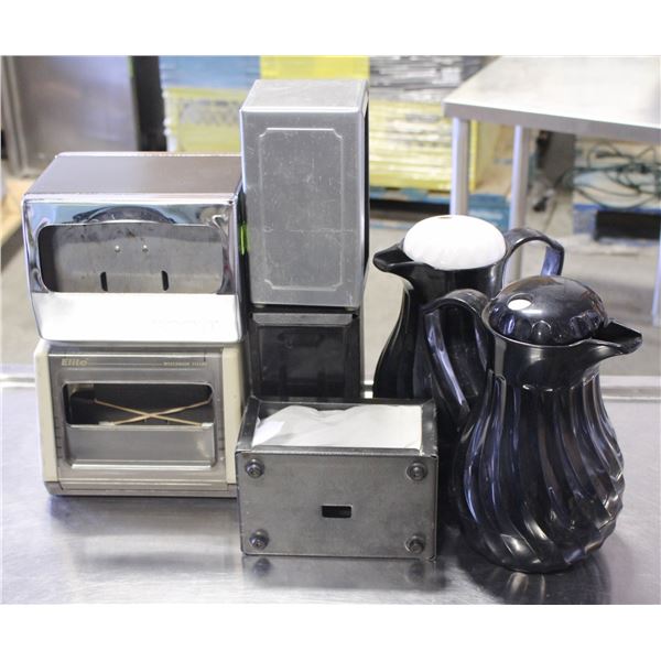 5 TABLETOP NAPKIN DISPENSERS/ 2 THERMOS SERVERS