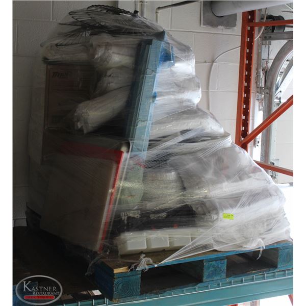 PALLET OF KITCHEN MISC. INCL: WHITE TABLE CLOTHS,