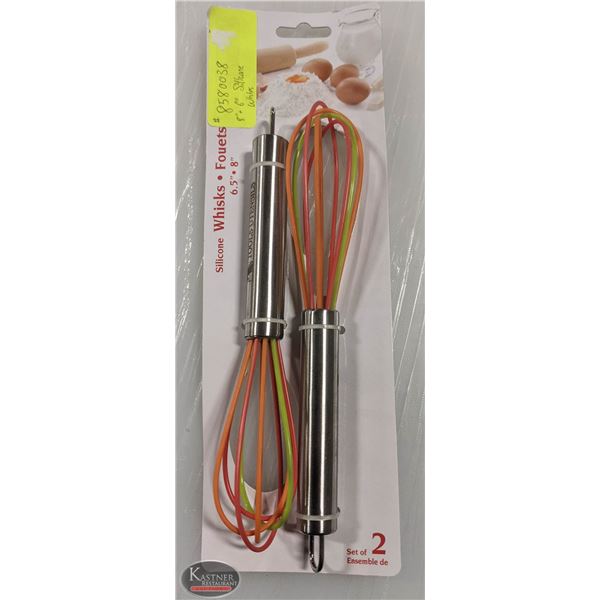 TWO NEW SILICONE WHIPS W/ S/S HANDLE, 8" & 6.5"