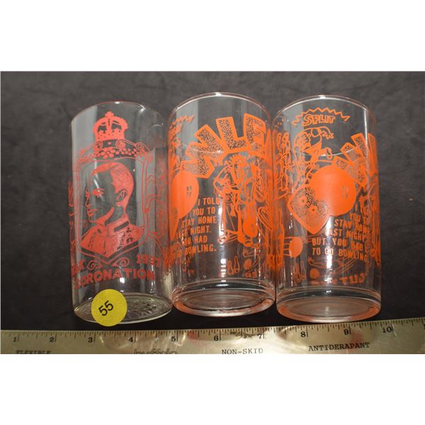 2 antique painted Label Glasses 1 is bowling & 1 is 1937 Coronation