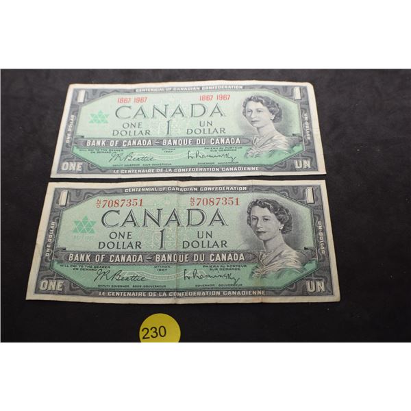 2 X Canada $1 bank notes, 1 has regular serial numbers