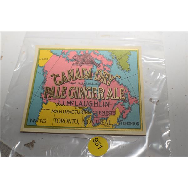 Canada Dry orginal NOS Label by McLauglin of McLaughlin Buick