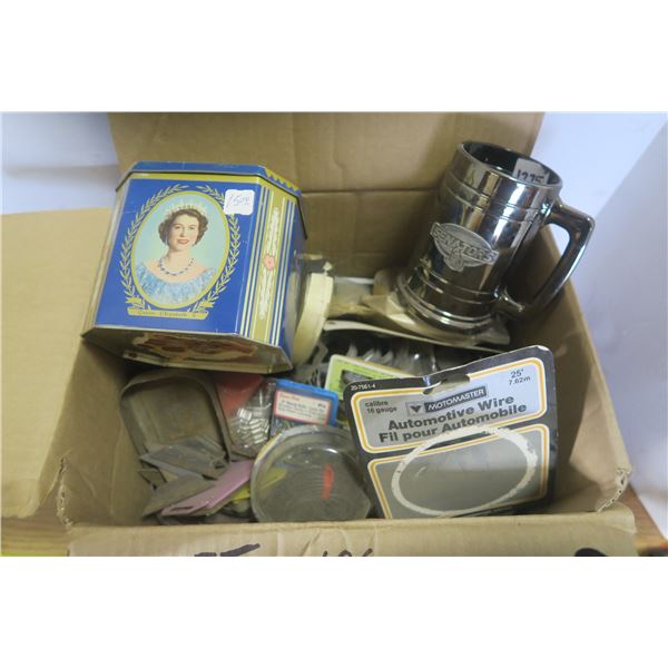 Box of Misc. Hardware With Royals Tin & Senators Beer Mug