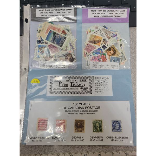 Two 100 stamp packages & sample stamps Queen Victoria to Elizabeth