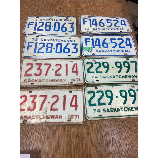 4 pair Saskatchewan Licence plates 1971,1972,1974,1976